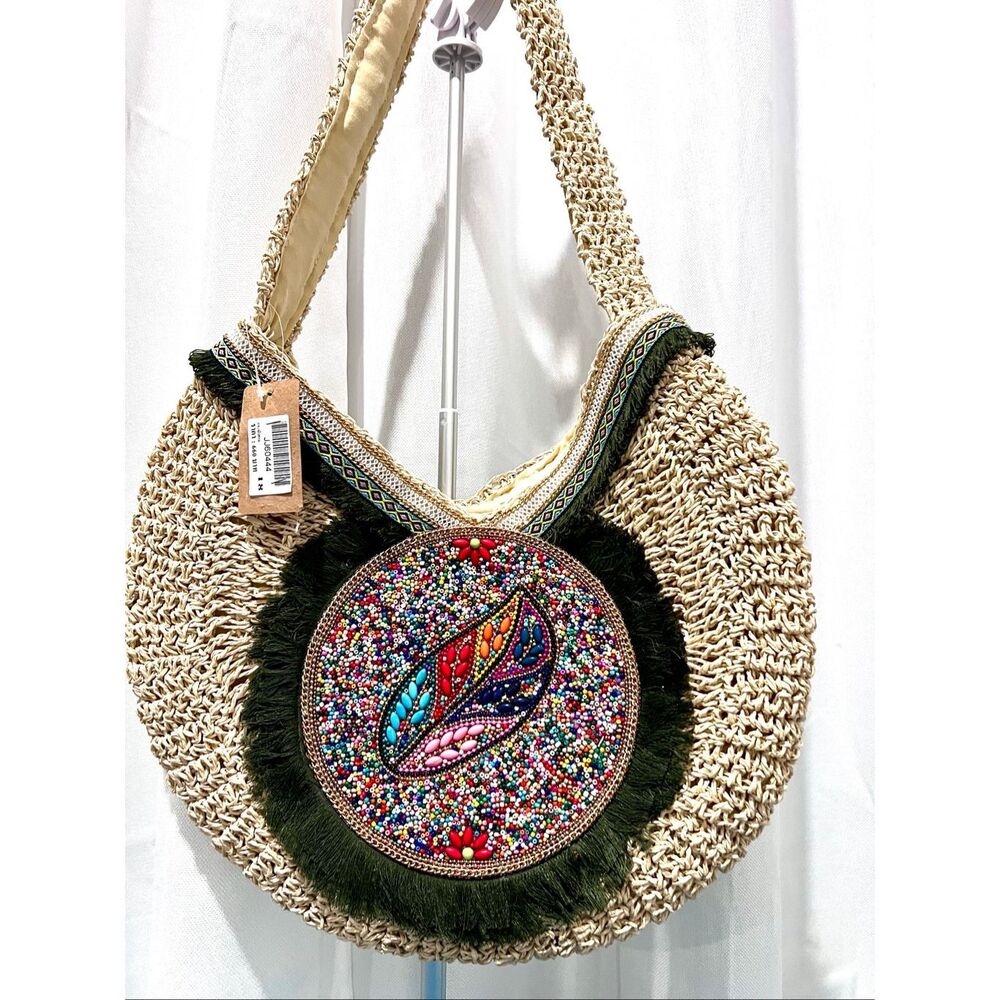 Woven Straw / Grass Tote, Rounded Boho Purse/ Bag, Beaded Thailand Shoulder Purs - Picture 2 of 7